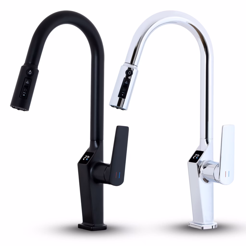 Baterie chiuvetă bucătărie cu 3 căi – apă filtrată/caldă/rece, LCD, inox (Crom/Negru)