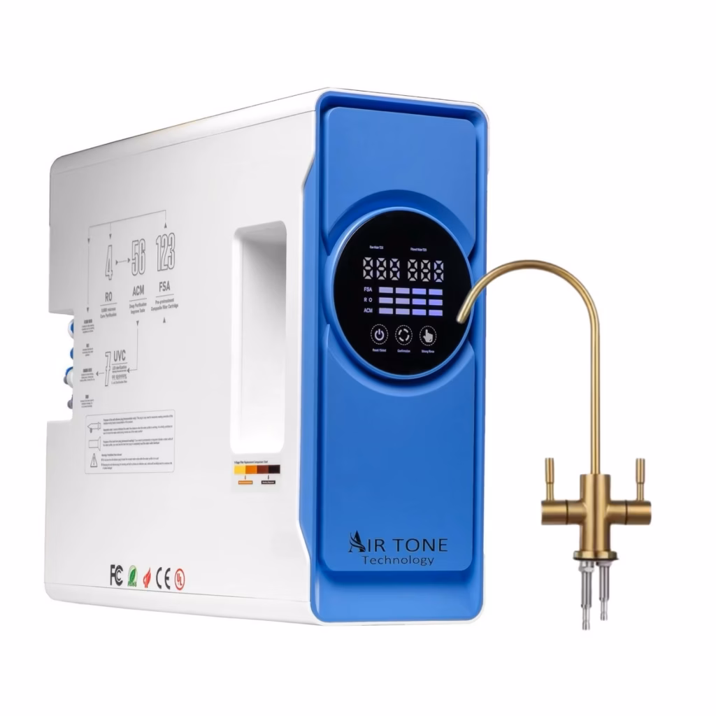 Filtru Apa cu Osmoza Inversa 1000GPD Direct Flow, Air Tone Technology, Membrana VONTRON, Sterilizare UV, 7 Stagii Filtrare, Fara Rezervor, Apa Pura Instant, Sistem Profesional Premium, Display LED, Alb-Albastru