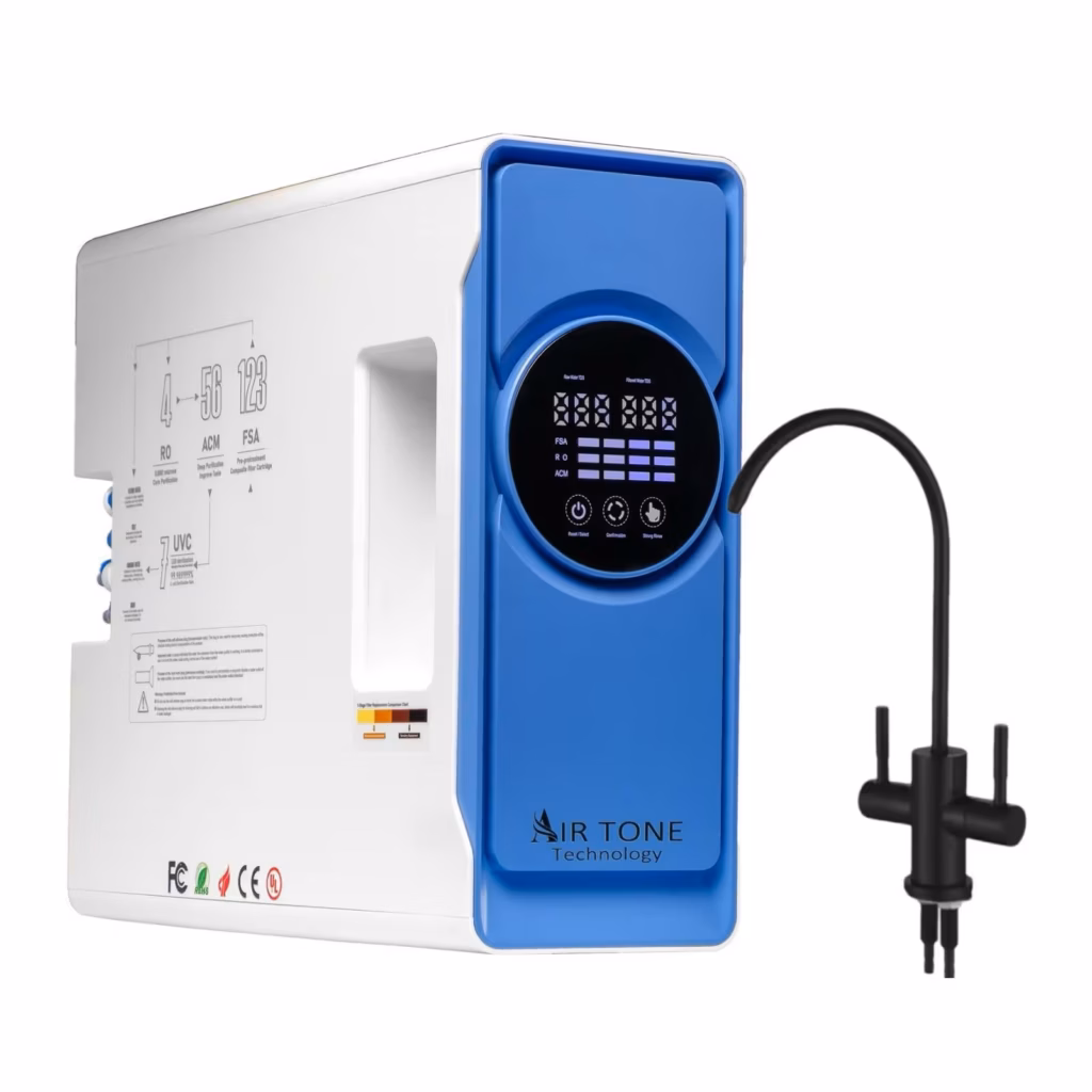 Filtru Apa cu Osmoza Inversa 1000GPD Direct Flow, Air Tone Technology, Membrana VONTRON, Sterilizare UV, 7 Stagii Filtrare, Fara Rezervor, Apa Pura Instant, Sistem Profesional Premium, Display LED, Alb-Albastru