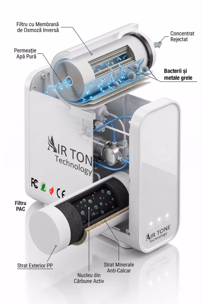 Filtru apa osmoza inversa direct flow Air Tone Technology 600GPD, Fara bazin (tankless), Sistem RO + PAC, display TDS, Raport 2:1 economie apa, Cartuse twist schimbare rapida, Purificator sub chiuveta, Culoare alb