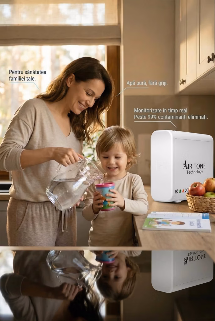 Filtru apa osmoza inversa direct flow Air Tone Technology 600GPD, Fara bazin (tankless), Sistem RO + PAC, display TDS, Raport 2:1 economie apa, Cartuse twist schimbare rapida, Purificator sub chiuveta, Culoare alb