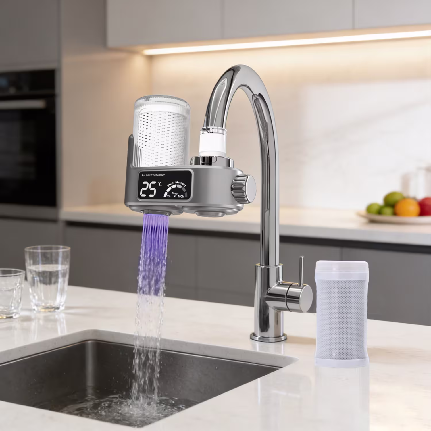 Nou 2026 Filtru apă pentru chiuvetă, montare pe baterie – LED, UV albastră, 8 etape, reduce clorul & metalele grele (Alb/Gri)