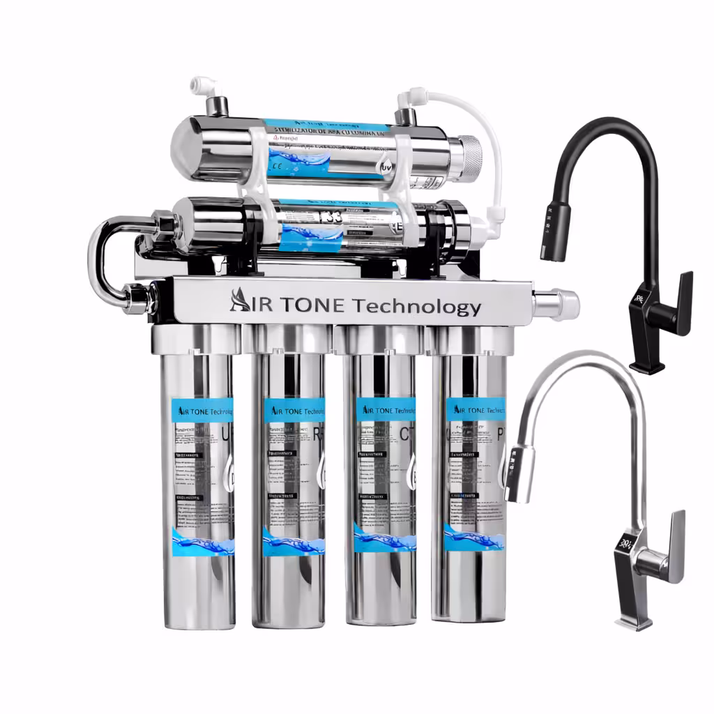 Filtru de apă Air Tone Technology, Inox, 5 stagii + Lampă UV-6W, 0.01 μm, cu baterie 3 căi & ecran LCD – accesorii incluse