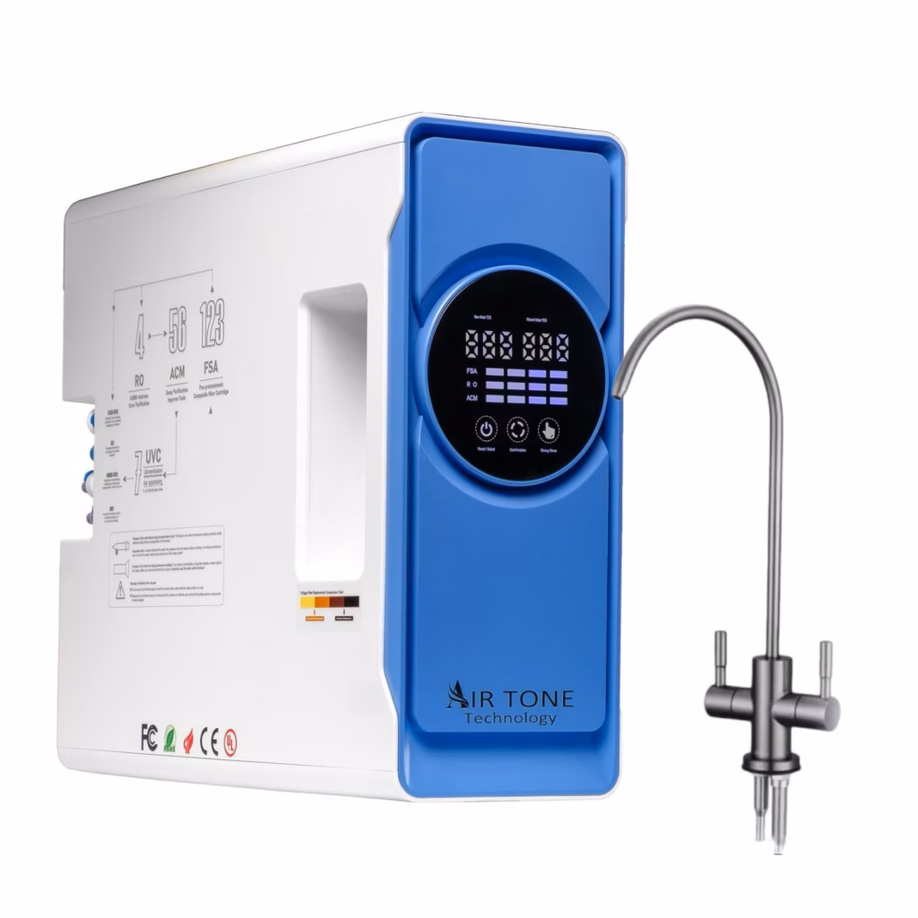 Filtru Apa cu Osmoza Inversa 1000GPD Direct Flow, Air Tone Technology, Membrana VONTRON, Sterilizare UV, 7 Stagii Filtrare, Fara Rezervor, Apa Pura Instant, Sistem Profesional Premium, Display LED, Alb-Albastru