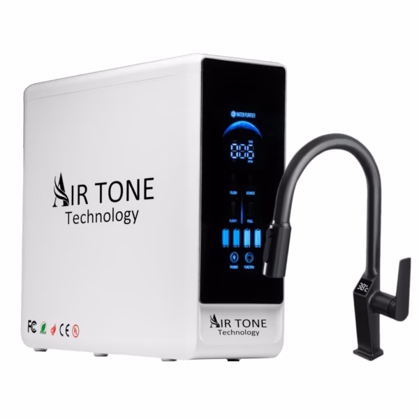 Filtru Apa cu Osmoza Inversa 600GPD, AirTone Technology, Display Digital TDS & Status Filtre, 5 Stagii Filtrare, Fara Rezervor, Auto-Clean, Sistem Compact Desktop, 0.0001 microni, Baterie cu 3 cai Afisaj temperatura apa