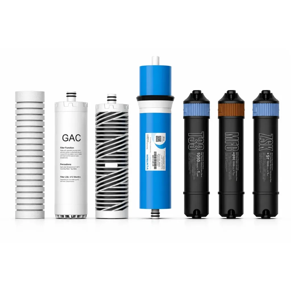 Set 7 cartușe de filtrare – Air Tone Technology AQUA PRO 600 (PP, GAC, CTO, VONTRON RO 600 GPD, T33, MFC, ZSK)
