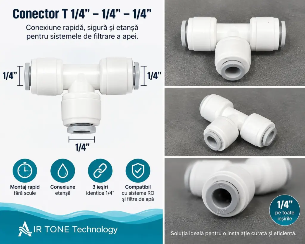 Conector T 1/4-1/4-1/4 Push-Fit cu trei ieșiri pentru furtun de apă