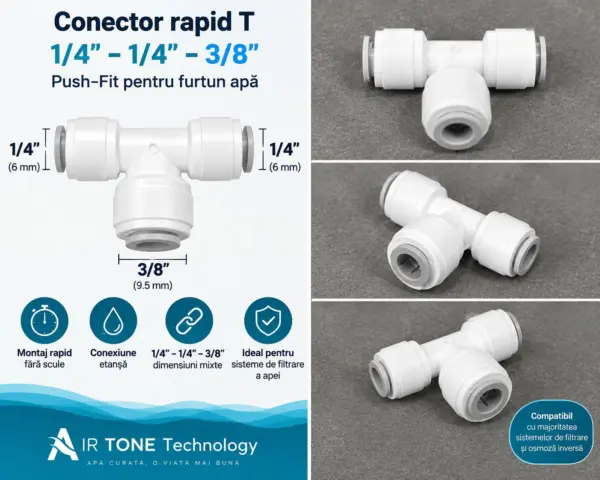 Conector rapid T 1/4”-1/4”-3/8” Push-Fit pentru furtun de apă