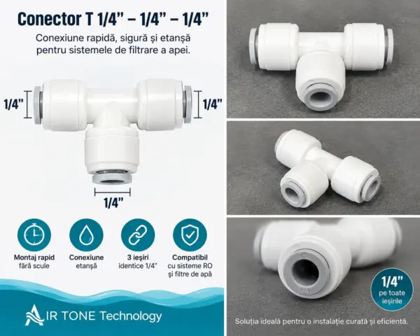 Conector rapid T 1/4”-1/4”-1/4” Push-Fit pentru furtun de apă