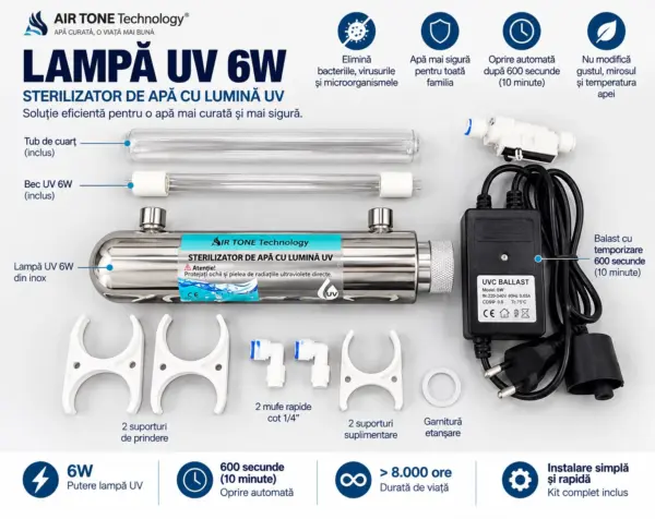 Lampă UV 6W pentru purificarea apei, sistem UVC cu transformator și protecție automată