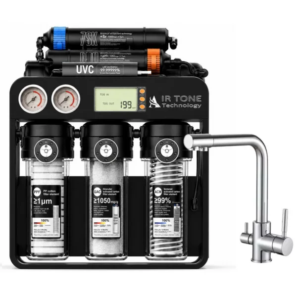 Stație de filtrare Air Tone Technology AQUA PRO 600, osmoză inversă Direct Flow 600 GPD, 8 etape, membrană VONTRON, UV LED, display TDS, robinet 3 căi cu gât drept