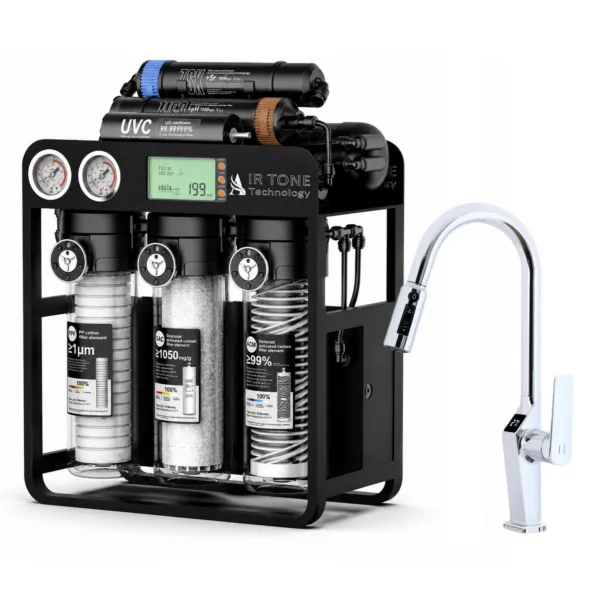 Stație de filtrare Air Tone Technology AQUA PRO 600, osmoză inversă Direct Flow 600 GPD, 8 etape, membrană VONTRON, UV LED, display TDS, robinet 3 căi cu ecran LCD