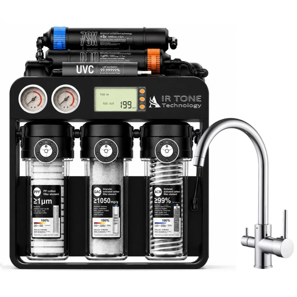 Stație de filtrare Air Tone Technology AQUA PRO 600, osmoză inversă Direct Flow 600 GPD, 8 etape, membrană VONTRON, UV LED, display TDS, robinet 3 căi cu gât rotund