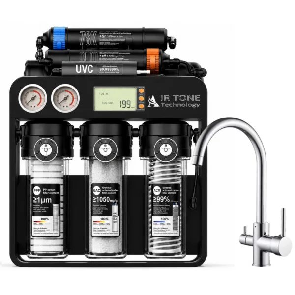 Stație de filtrare Air Tone Technology AQUA PRO 600, osmoză inversă Direct Flow 600 GPD, 8 etape, membrană VONTRON, UV LED, display TDS, robinet 3 căi cu gât rotund