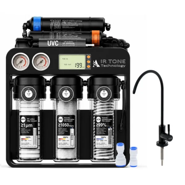 Stație de filtrare Air Tone Technology AQUA PRO 600, osmoză inversă Direct Flow 600 GPD, 8 etape, membrană VONTRON, UV LED, display TDS, robinet clasic