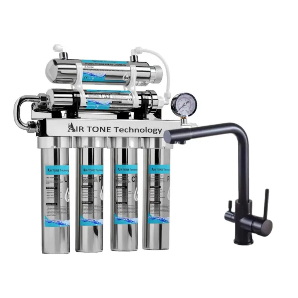 Filtru de apă Air Tone Technology, inox 304, 6 etape cu lampă UV 6W, ultrafiltrare 0,01 µm, robinet 3 căi cu gât drept inclus