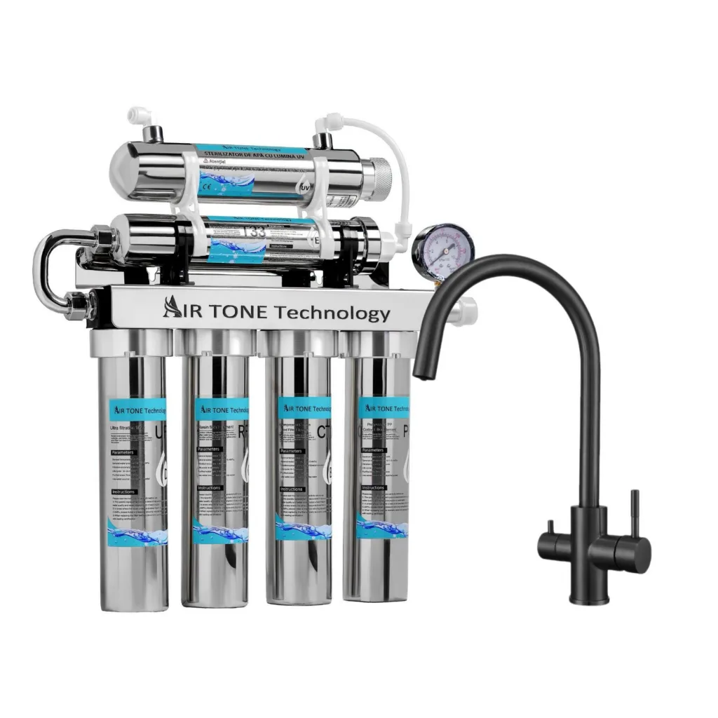 Filtru de apă Air Tone Technology, inox 304, 6 etape cu lampă UV 6W, ultrafiltrare 0,01 µm, robinet 3 căi cu gât rotund inclus