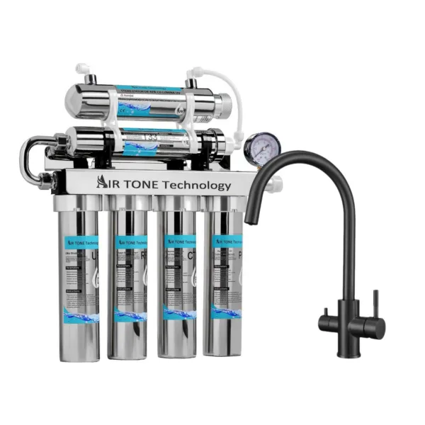 Filtru de apă Air Tone Technology, inox 304, 6 etape cu lampă UV 6W, ultrafiltrare 0,01 µm, robinet 3 căi cu gât rotund inclus