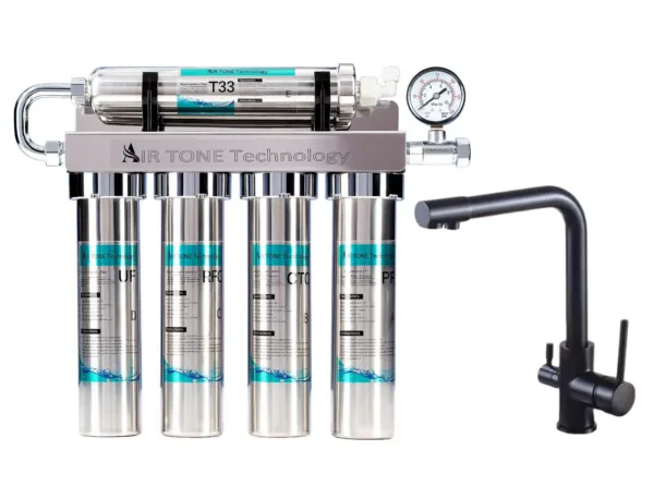 Filtru de apă Air Tone Technology, inox 304, 5 stagii, ultrafiltrare 0,01 µm, robinet 3 căi cu gât drept inclus