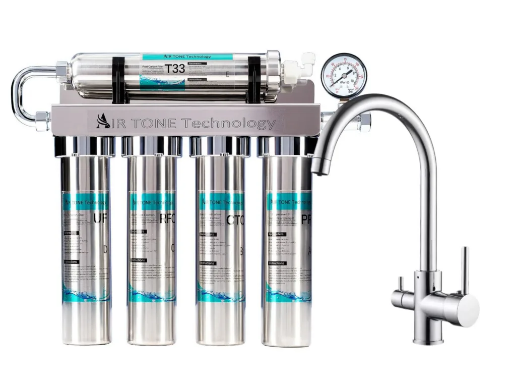 Filtru de apă Air Tone Technology, inox 304, 5 stagii, ultrafiltrare 0,01 µm, robinet 3 căi cu gât rotund inclus